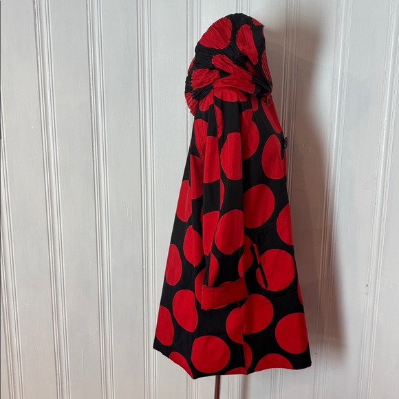 UBU Reversible Red & Black Polka Dot Raincoat – Statement Hooded A-Line Coat – L - Picture 2 of 11